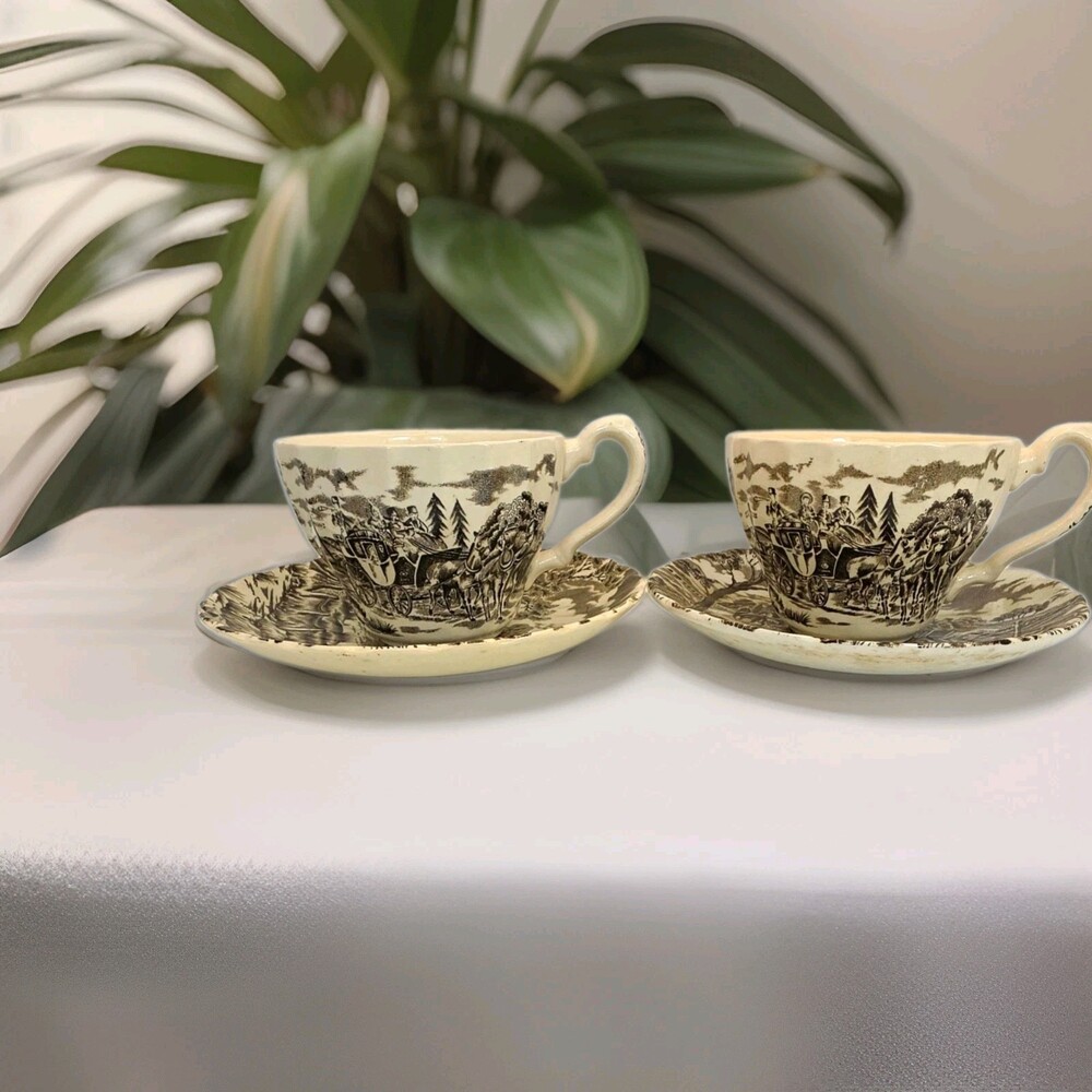 Royal Mail Staffordshire Ironstone Brown Transferware Stagecoach Lot England 4pc